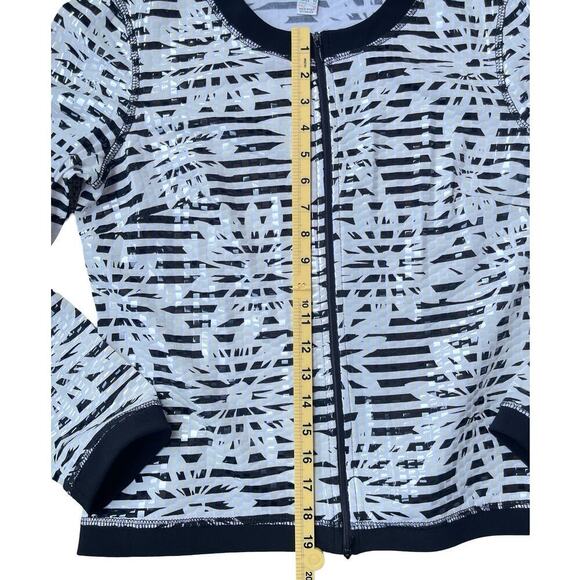 Joseph Ribkoff Full Zip Vinyl Shimmer Striped Floral Jacket Black White Size 12 - Picture 7 of 15